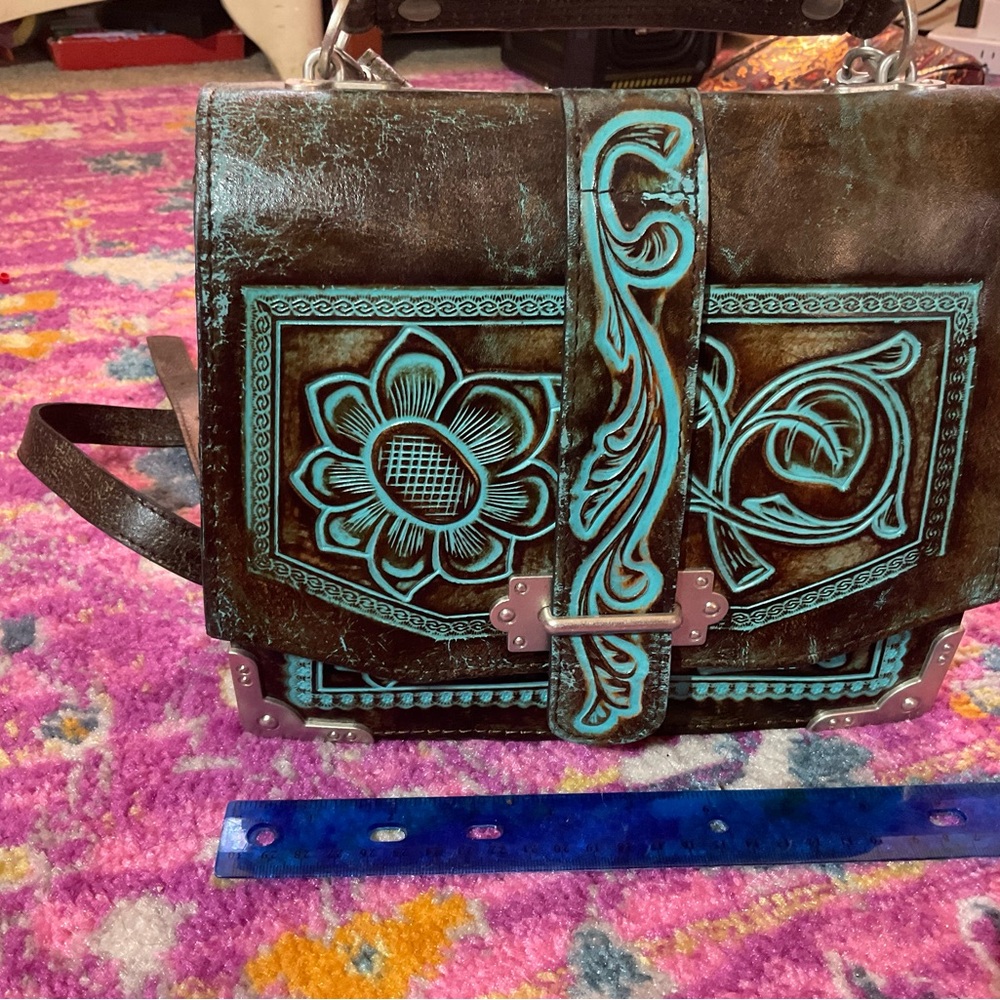 Patricia Nash Brown and Blue Floral Leather Satchel